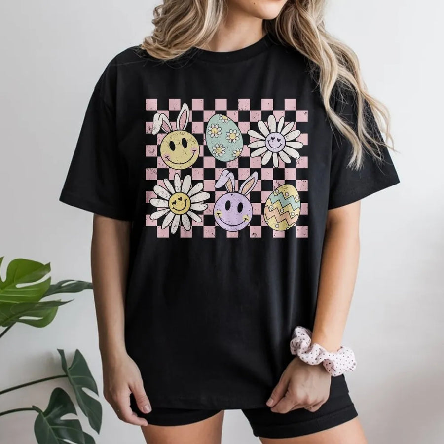 Checker Bunny Easter T-Shirt | Retro Smiley Egg Graphic Tee | Premium 100% Cotton Apparel | Festive Spring Holiday Gift for Adults