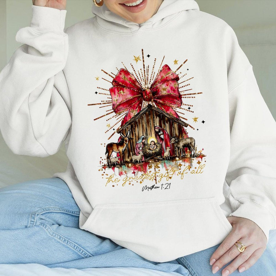 Nativity Scene Christmas Hoodie | The Greatest Gift Of All Religious Graphic | Premium Cotton Blend Unisex Sweatshirt | Faith-Based Holiday Gift