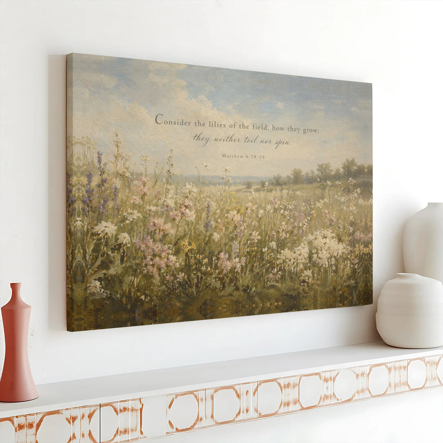 Consider the Lilies Bible Verse Horizontal Canvas | Vintage Wildflower Meadow Landscape Art Print | Premium 1.25" Gallery Wrap | Inspirational Christian Gift