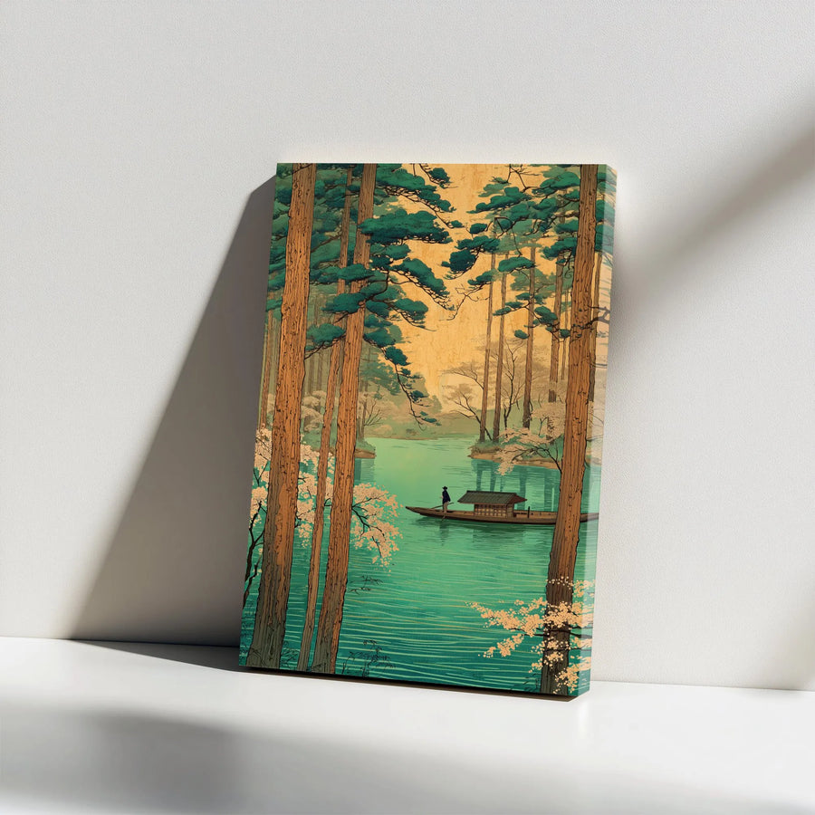 Japanese Ukiyo-e Style Vertical Canvas | Traditional Woodblock River Scene | Premium Gallery Wrap Canvas | Zen Wall Art Gift for Home Decor