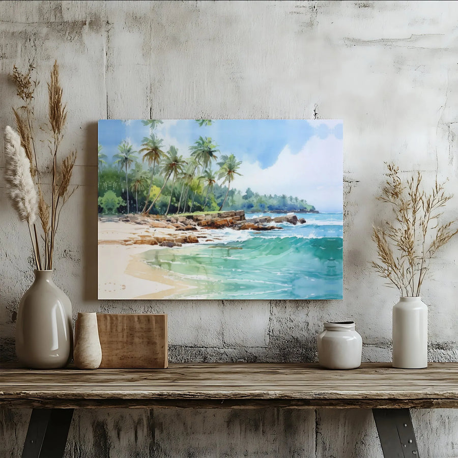Tropical Beach Canvas Wall Art | Watercolor Palm Tree Ocean Scene | Gallery-Wrapped Premium Canvas | Coastal Home Decor Gift