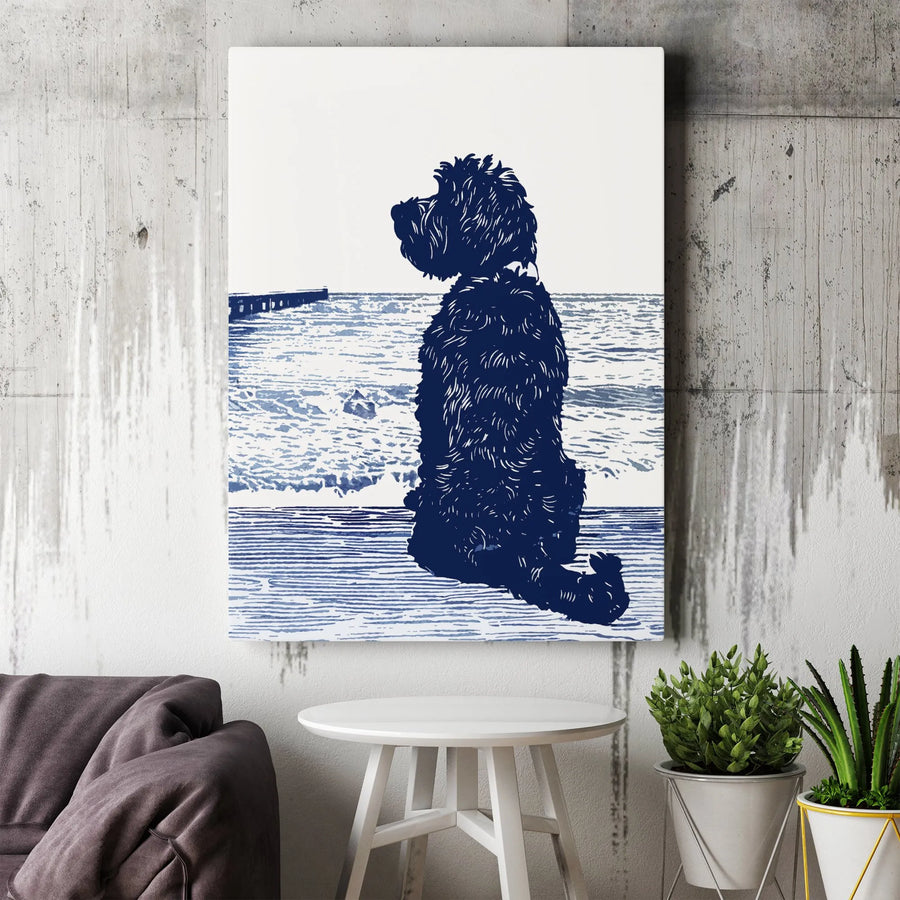 Labradoodle Wall Art | Linocut Ocean Pier Dog Print | Premium 1.25-Inch Gallery Canvas | Coastal Decor Gift for Dog Lovers