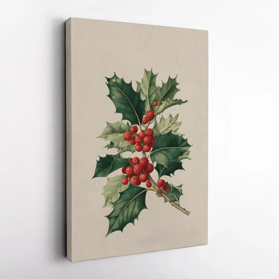Vintage Holly Berry Vertical Canvas | Botanical Illustration Wall Art | Premium High-Resolution Print | Seasonal Holiday Home Decor Gift