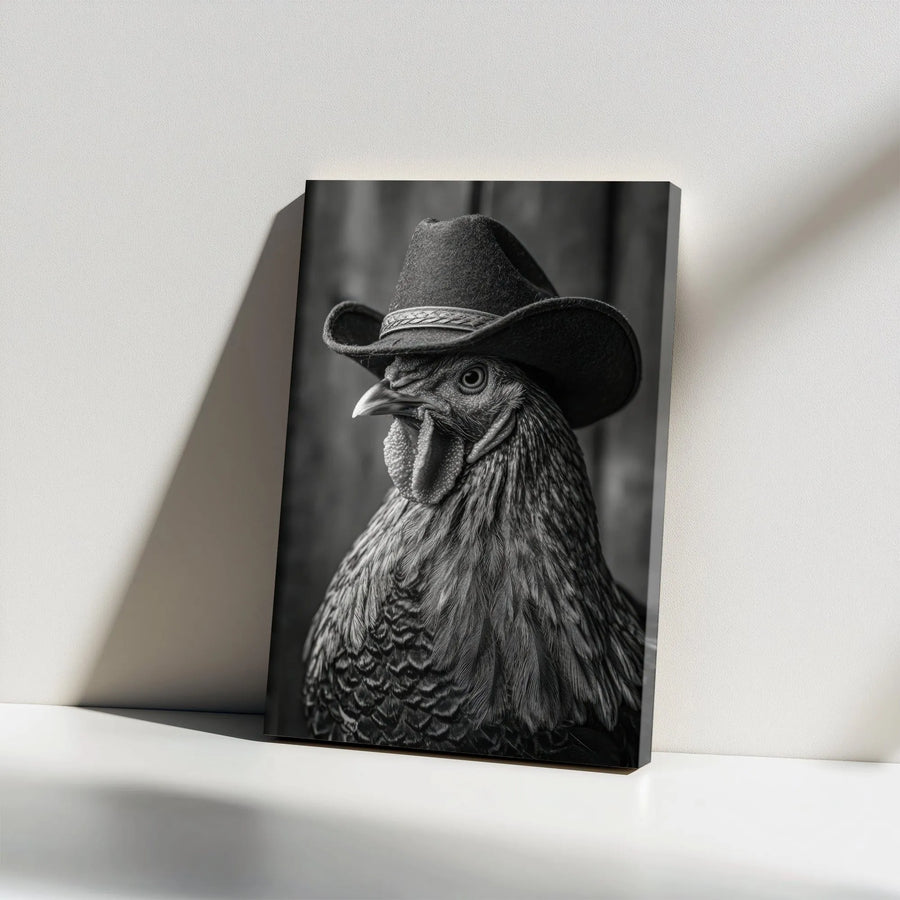 Cowboy Rooster Vertical Canvas | Funny Western Farm Animal Portrait | Premium Gallery Wrapped Canvas | Rustic Farmhouse Wall Decor Gift