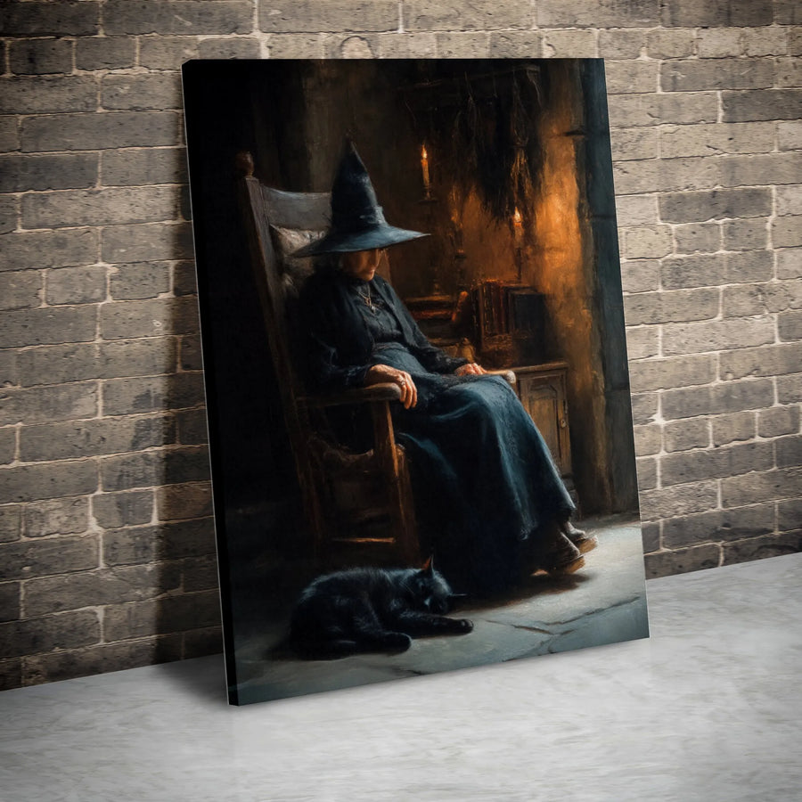 Witch and Black Cat Vertical Canvas | Dark Academia Gothic Wall Art | Premium Thick Gallery Canvas | Witchcraft Home Decor Gift