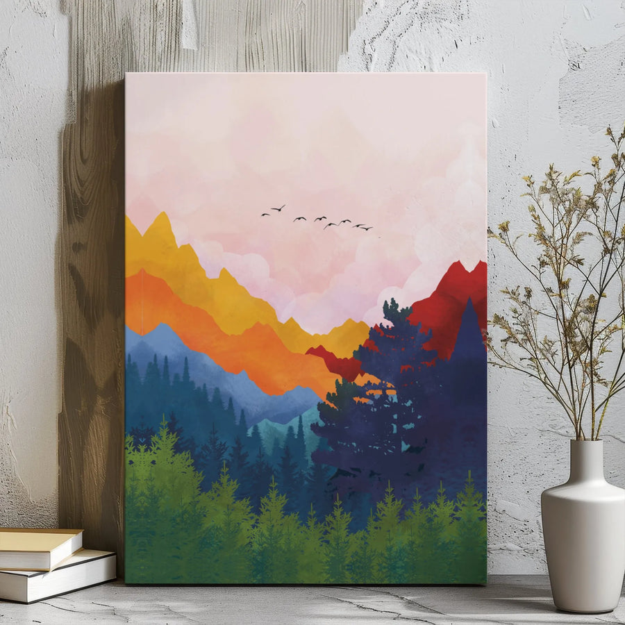 Mountain Forest Canvas Wall Art | Colorful Abstract Landscape Print | Premium 1.25" Gallery Wrap | Nature Decor for Living Room Office