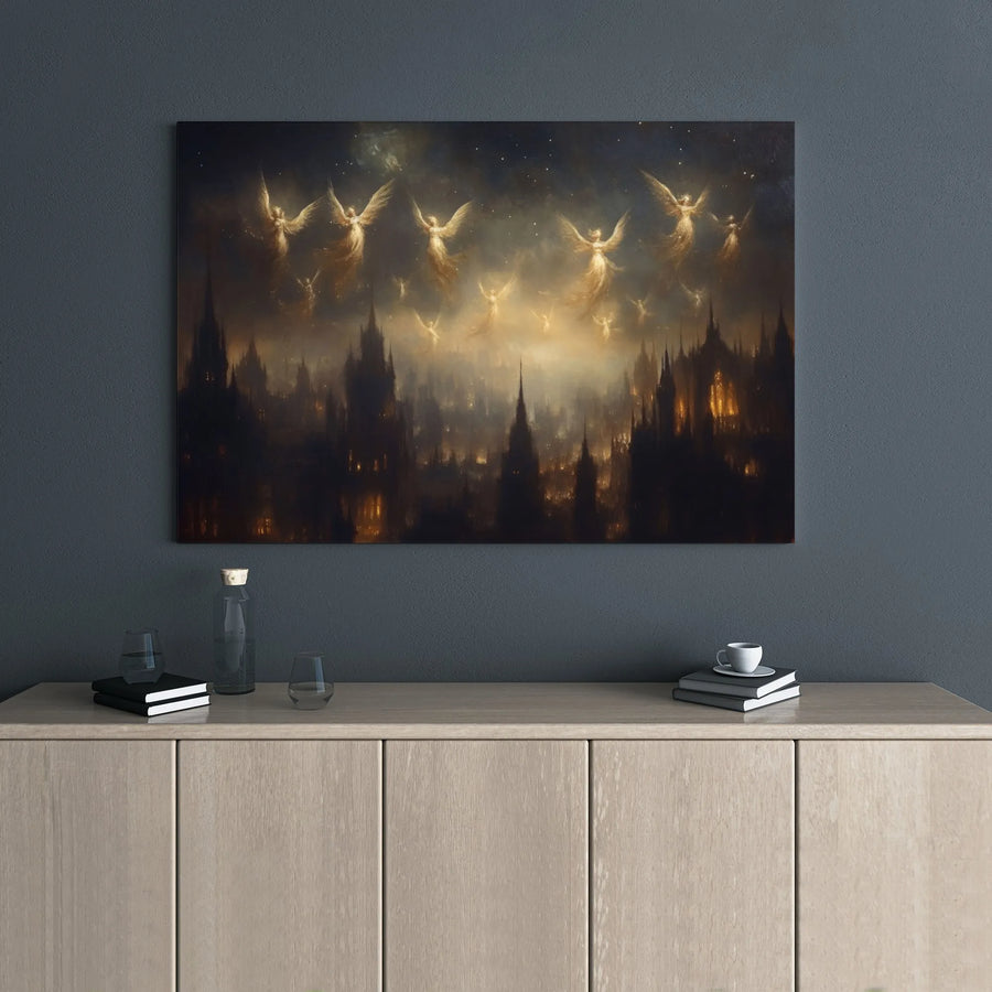 Angels Over Gothic City Canvas Wall Art | Surreal Night Sky Fantasy Landscape | Premium 1.25" Gallery Wrap | Dark Aesthetic Home Decor Gift