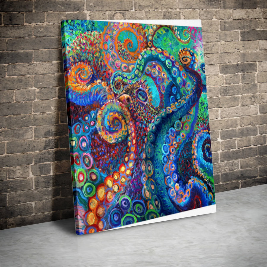 Abstract Octopus Wall Art | Colorful Psychedelic Kraken Painting | Premium Fade-Resistant Canvas | Ocean Themed Home Decor Gift