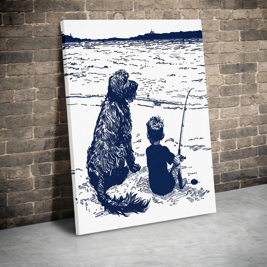 Boy and Dog Fishing Canvas Art | Coastal Beach Sketch Wall Decor | Gallery-Wrapped Premium Print | Sentimental Gift for Dog Lovers