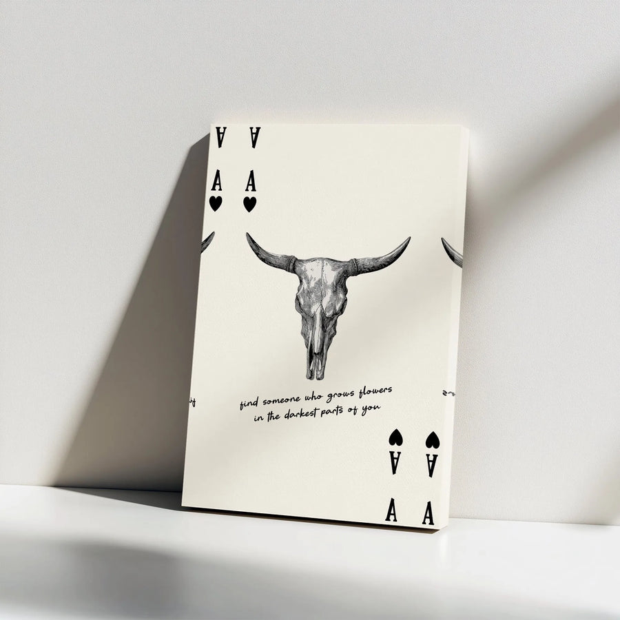 Bull Skull Ace of Hearts Canvas | Western Boho Playing Card Art with Quote | Premium Gallery Wrapped Print | Modern Farmhouse Decor Gift