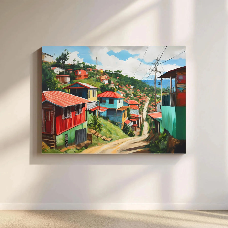 Caribbean Hillside Village Canvas Wall Art | Vibrant Coastal Town Painting | Gallery Quality Fade-Resistant Print | Travel Art Gift for Living Room Decor