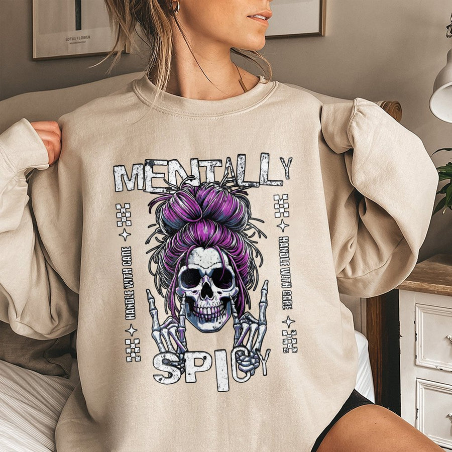 Mentally Spicy Skull Sweatshirt | Funny Skeleton Middle Finger Graphic | Premium Cotton-Blend Fleece | Edgy Sarcastic Gift for Women & Teens