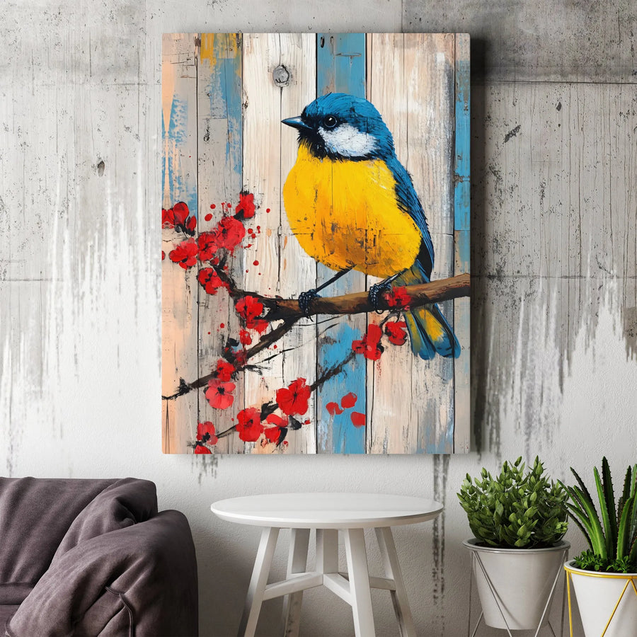 Blue and Yellow Bird Canvas Wall Art | Rustic Wood Floral Branch Painting | Premium Fade-Resistant Print | Nature Home Decor for Living Room