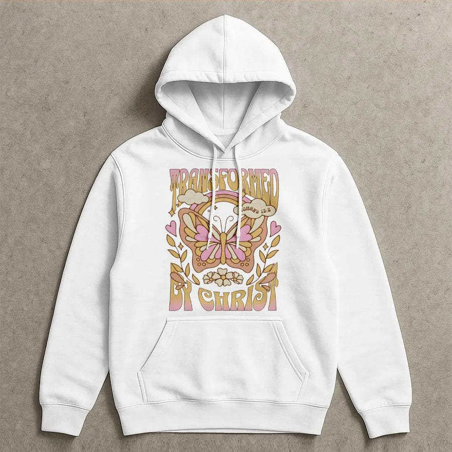 Transformed By Christ Hoodie | Retro Christian Butterfly Faith Graphic | Soft Unisex Premium Pullover | Religious Gift for Women and Men