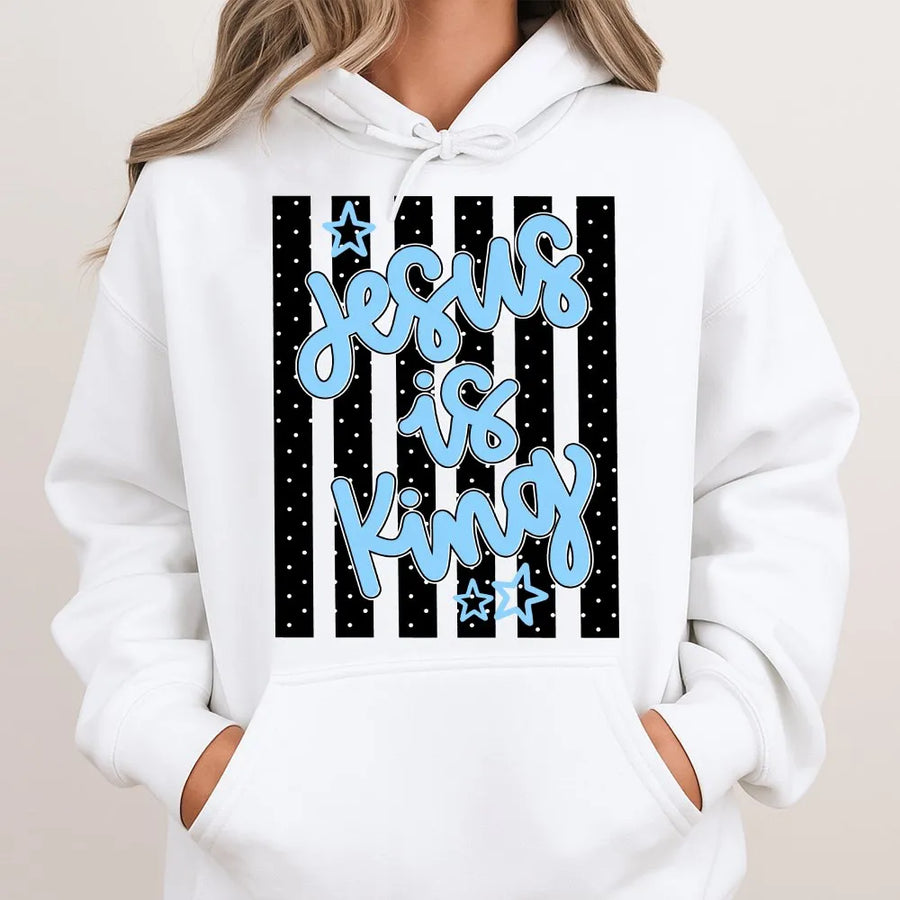 Jesus Is King Hoodie | Trendy Striped Polka Dot Graphic | Premium Cotton-Poly Blend | Inspirational Gift for Christian Women