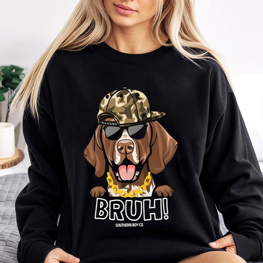 GSP Dog Sweatshirt | Bruh Funny Graphic Print | Premium Cotton Blend Unisex Crewneck | Gift for Pointer Dog Owners and Lovers