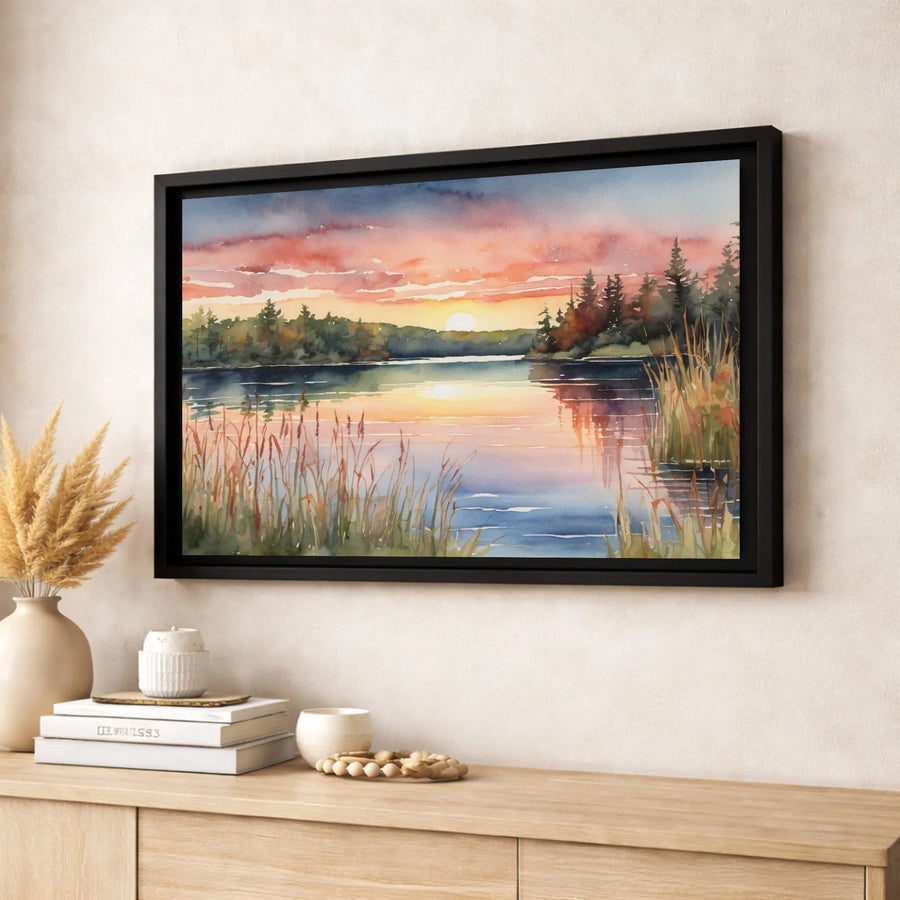 Watercolor Lake Sunset Wall Art | Forest Landscape Nature Print | Premium 1.25" Gallery Canvas | Peaceful Home Decor Gift