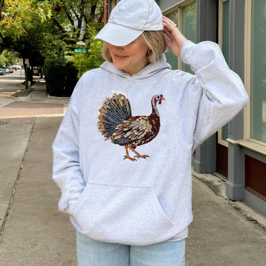 Turkey Hoodie | Rhinestone Look Thanksgiving Graphic | Premium Cotton Blend | Unisex Fall Gift For Men And Women