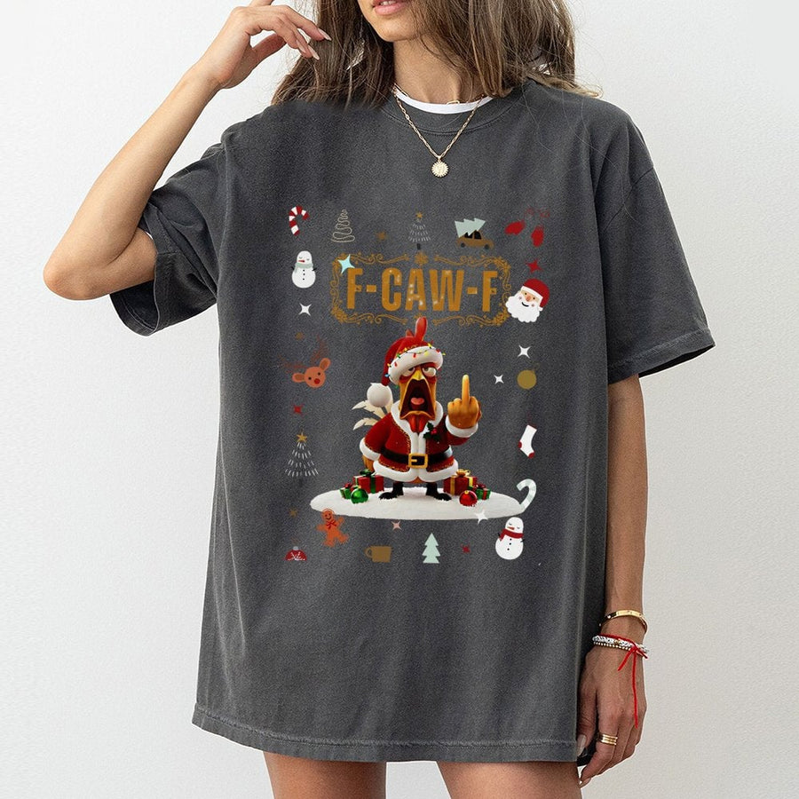 F-Caw-F Christmas T-Shirt | Funny Santa Chicken Graphic | 100% Cotton Premium Tee | Sarcastic Holiday Gift for Men and Women