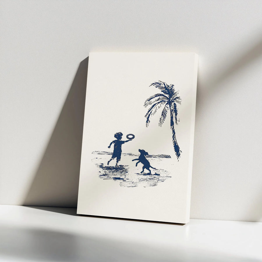 Boy and Dog Beach Canvas Print | Minimalist Sketch Art Illustration | Premium Thick Gallery Wrap Canvas | Coastal Home Decor Gift for Dog Lovers
