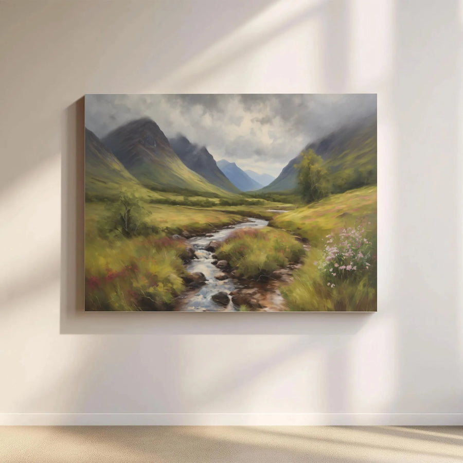 Misty Mountain Landscape Canvas | Winding River & Wildflowers | Premium Gallery Wrap Print | Nature Wall Art for Living Room Decor