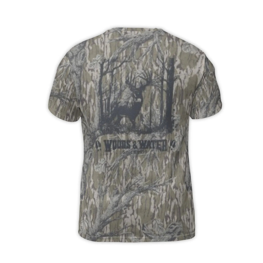 Camo Deer Hunting T-Shirt | All-Over Print Graphic Woods & Water | Premium Polyester Blend | Gift for Outdoorsmen and Hunters