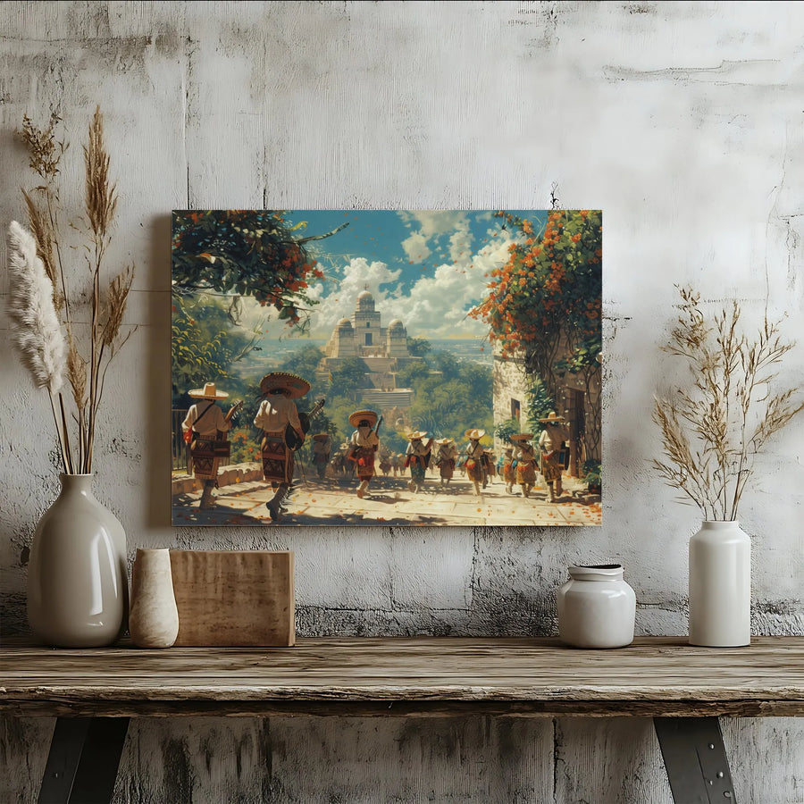Mexican Mariachi Musicians Wall Art | Ancient Pyramid Temple Procession | Premium Gallery-Wrapped Canvas | Vibrant Cultural Heritage Home Decor Gift