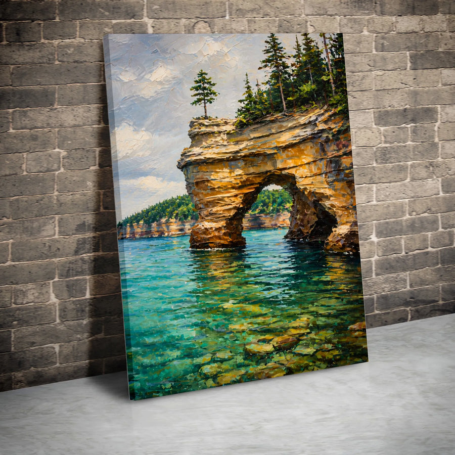 Coastal Arch Canvas Print | Textured Oil Painting Style Lake Superior Scene | Premium Gallery Wrapped Canvas | Collector's Gift for Nature Lover