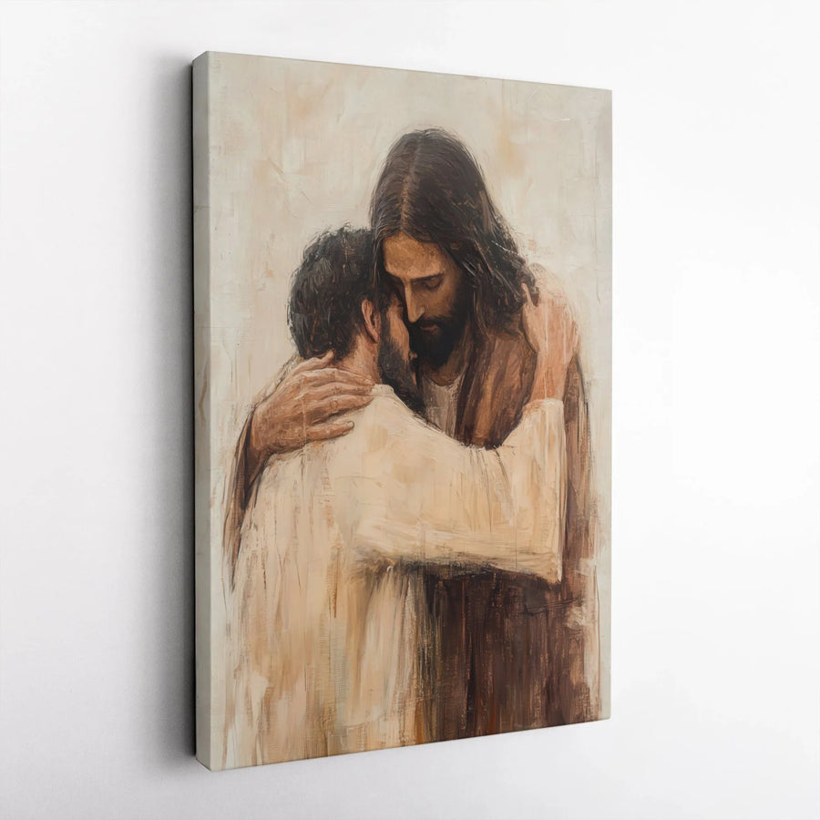 Jesus Embracing A Man Canvas Print | Christian Wall Art | 1.25" Gallery Wrap | Religious Home Decor Gift for Believers