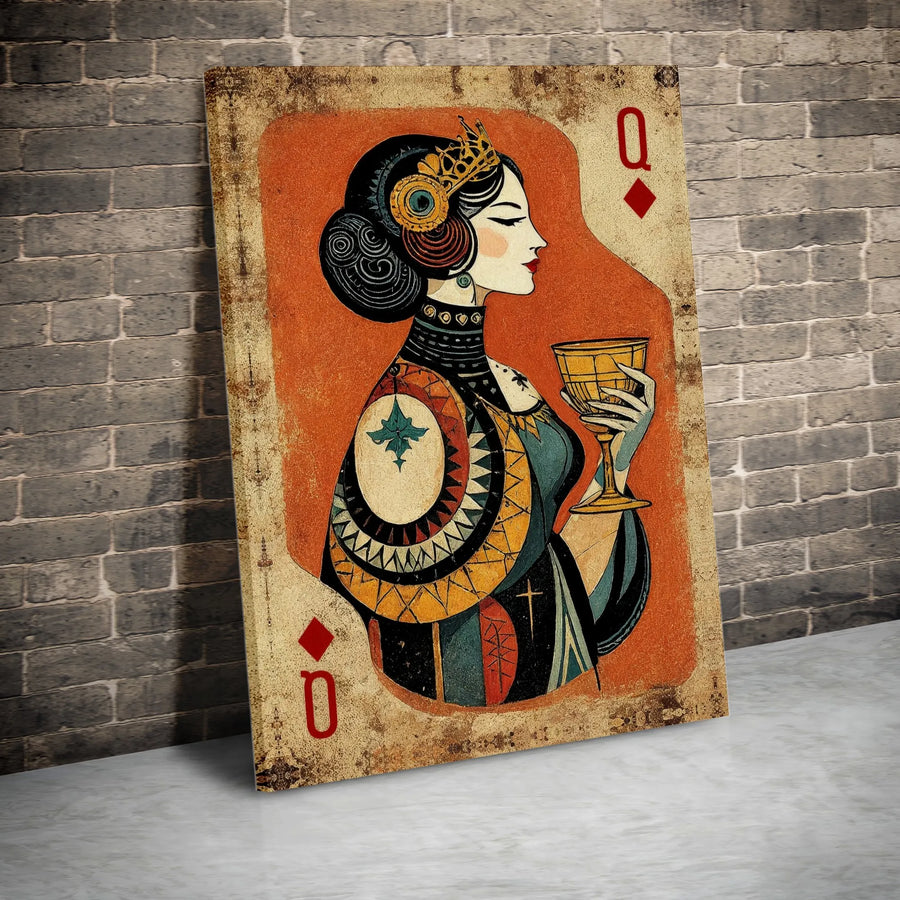 Queen of Diamonds Playing Card Canvas | Vintage Boho Tarot Style Art | Premium Gallery Wrapped Print | Unique Home Decor Gift