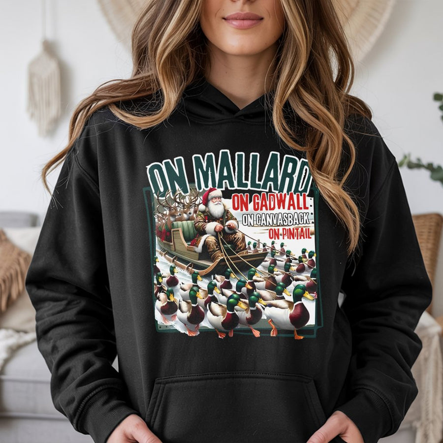 Duck Hunting Christmas Hoodie | Santa Sleigh Mallard Design | Premium Cotton Blend | Funny Outdoorsman Gift for Hunters