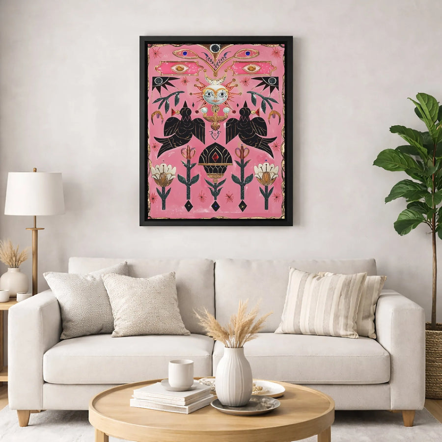 Mystical Celestial Sun and Moon Canvas Art | Folk Art Birds & Eyes Print | Gallery Quality 1.25 Inch Profile | Boho Spiritual Wall Decor Gift