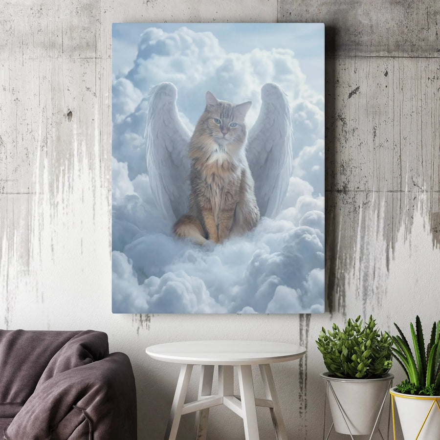 Angel Cat Canvas Wall Art | Cat with Wings in Clouds Portrait | Premium Gallery Wrapped Canvas | Pet Loss Sympathy Gift for Cat Lovers
