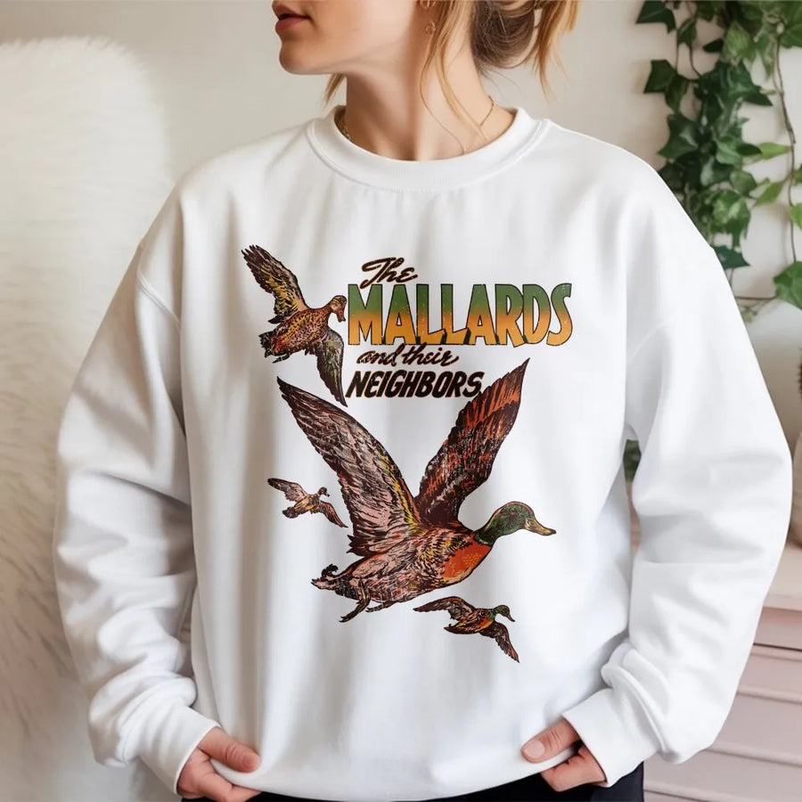 Mallard Duck Sweatshirt | Retro Nature Graphic Design | Premium Cotton Blend Crewneck | Gift for Bird Watcher and Outdoors Lover