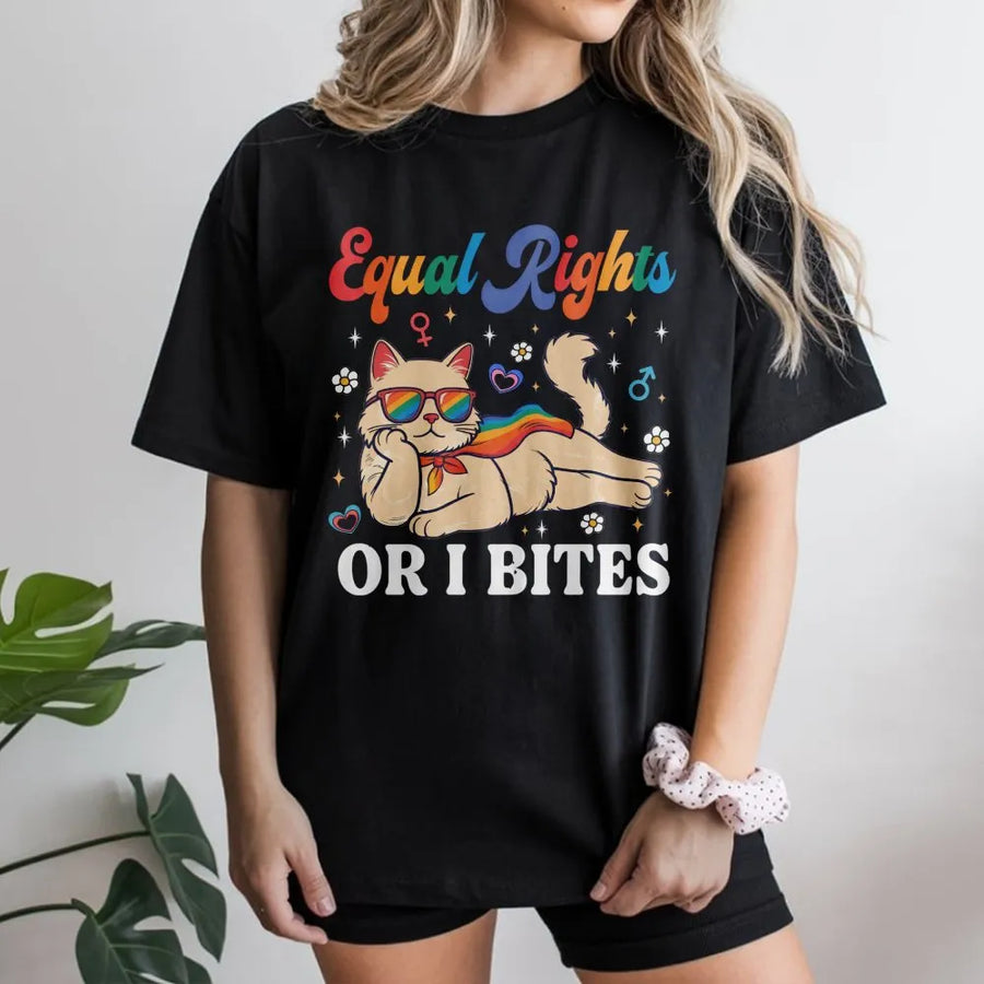 Feminist Cat T-Shirt for Equal Rights | Funny 'Or I Bites' Graphic | Premium Cotton Pride Apparel | LGBTQ Ally Gift