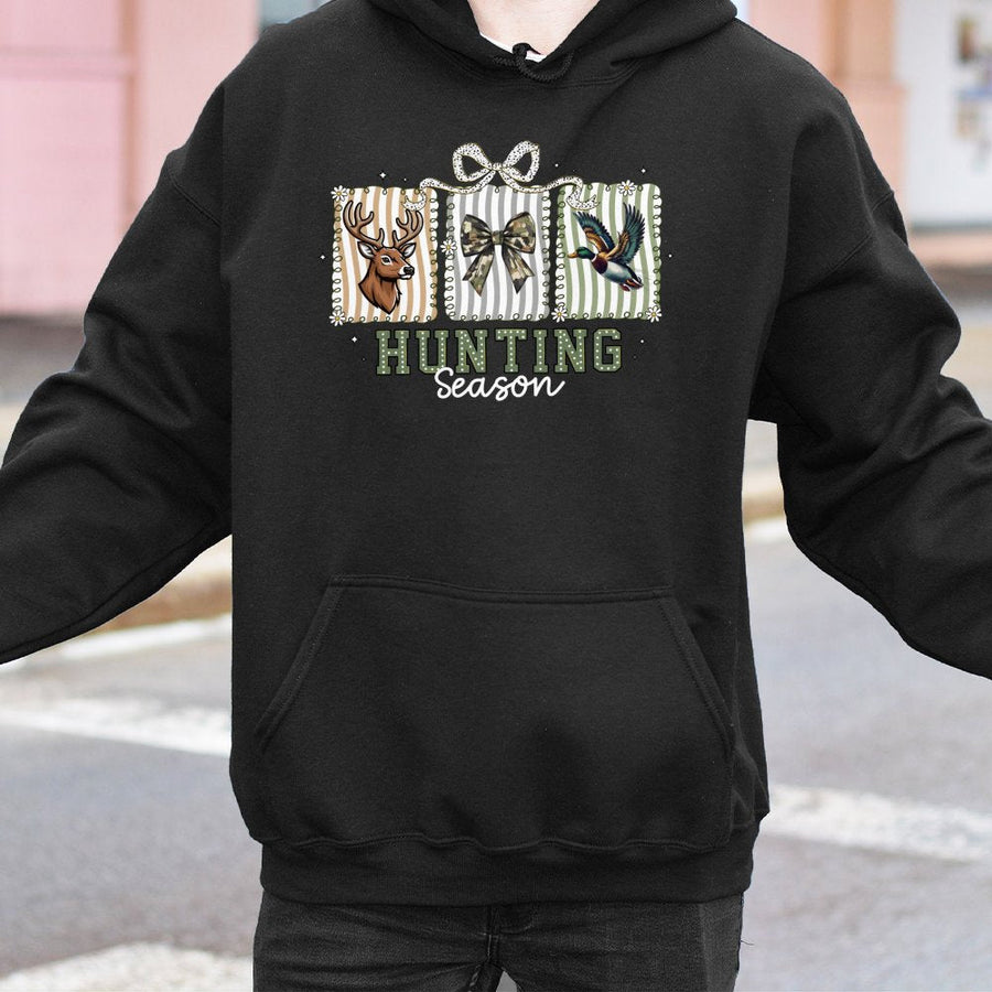 Hunting Season Hoodie | Cute Deer And Mallard Duck Camo Bow Graphic | Premium Cotton Blend | Gift For Women Who Love Outdoors And Country Style
