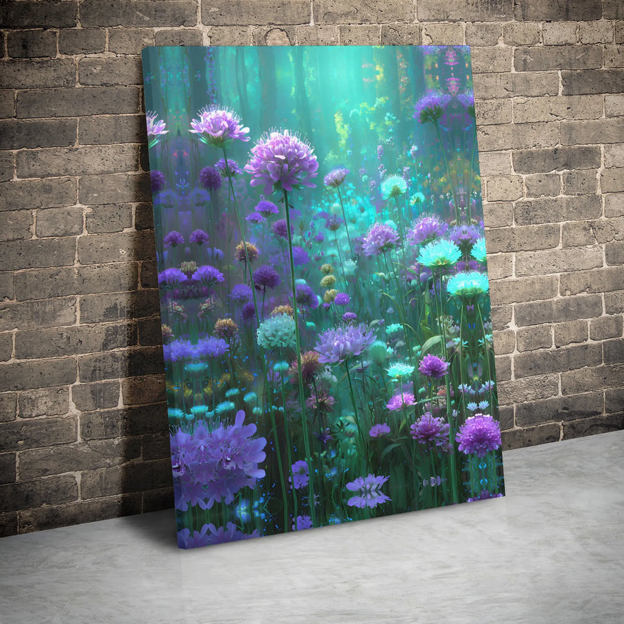 Enchanted Forest Canvas Wall Art | Purple Teal Wildflower Meadow Print | Premium 1.25" Gallery Wrap | Dreamy Botanical Decor for Living Room