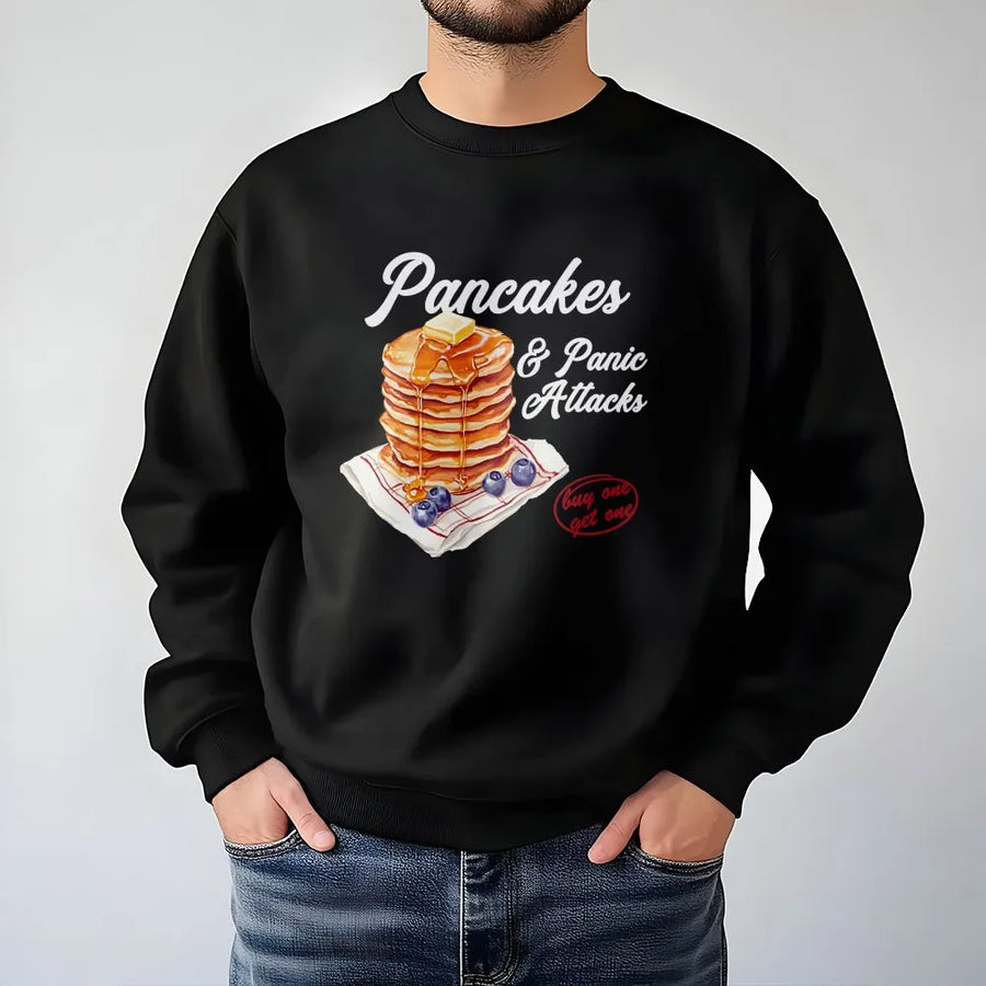 Pancakes And Panic Attacks Sweatshirt | Funny Breakfast Graphic Print | Premium Cotton Blend | Relatable Mental Health Gift For Her