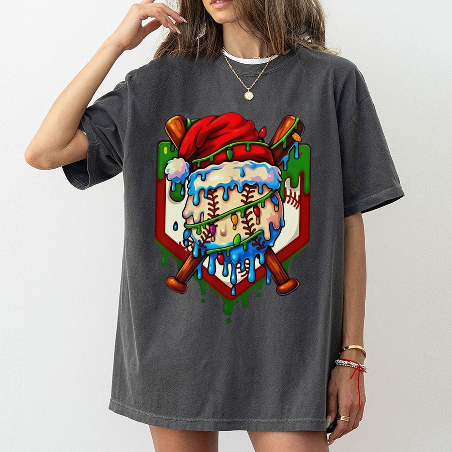 Christmas Baseball T-Shirt | Santa Hat Drip Design with Bats | 100% Premium Cotton | Holiday Sports Gift for Men and Women