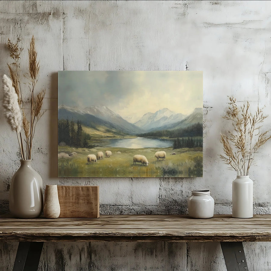 Mountain Landscape Canvas Print | Sheep Grazing Valley Lake Art | Premium Gallery Wrapped Wall Decor | Rustic Farmhouse Living Room Gift