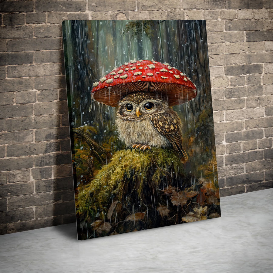 Baby Owl Mushroom Umbrella Canvas Wall Art | Whimsical Forest Animal Print | Premium Gallery-Wrapped Print | Cute Cottagecore Nursery Gift