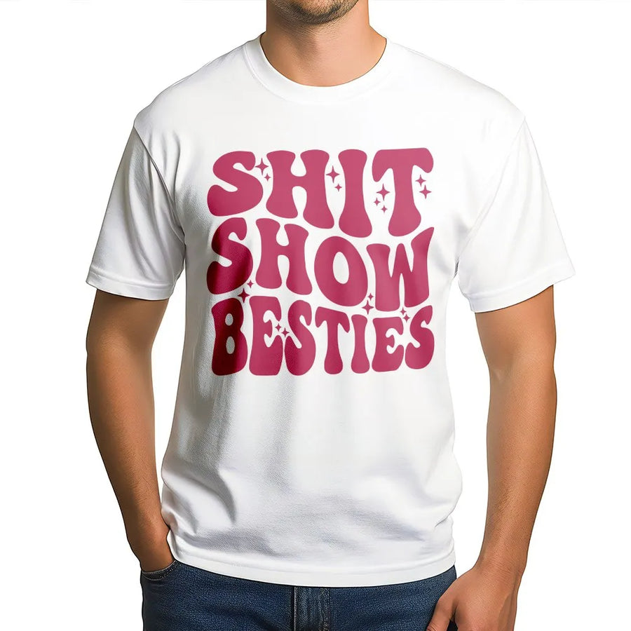 Shit Show Besties T-Shirt | Retro Groovy Aesthetic Graphic | 100% Soft Cotton Premium Tee | Funny Matching Gift for Best Friend