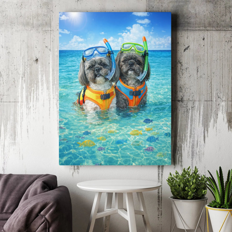 Funny Shih Tzu Canvas Wall Art | Snorkeling Dogs in Tropical Ocean | Premium Fade-Resistant Print | Unique Gift for Dog Lover & Beach House Decor