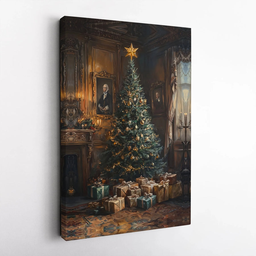 Vintage Colonial Christmas Tree Wall Art | Historical Library Holiday Decor | Premium Fade-Resistant Canvas | Classic Christmas Home Gift