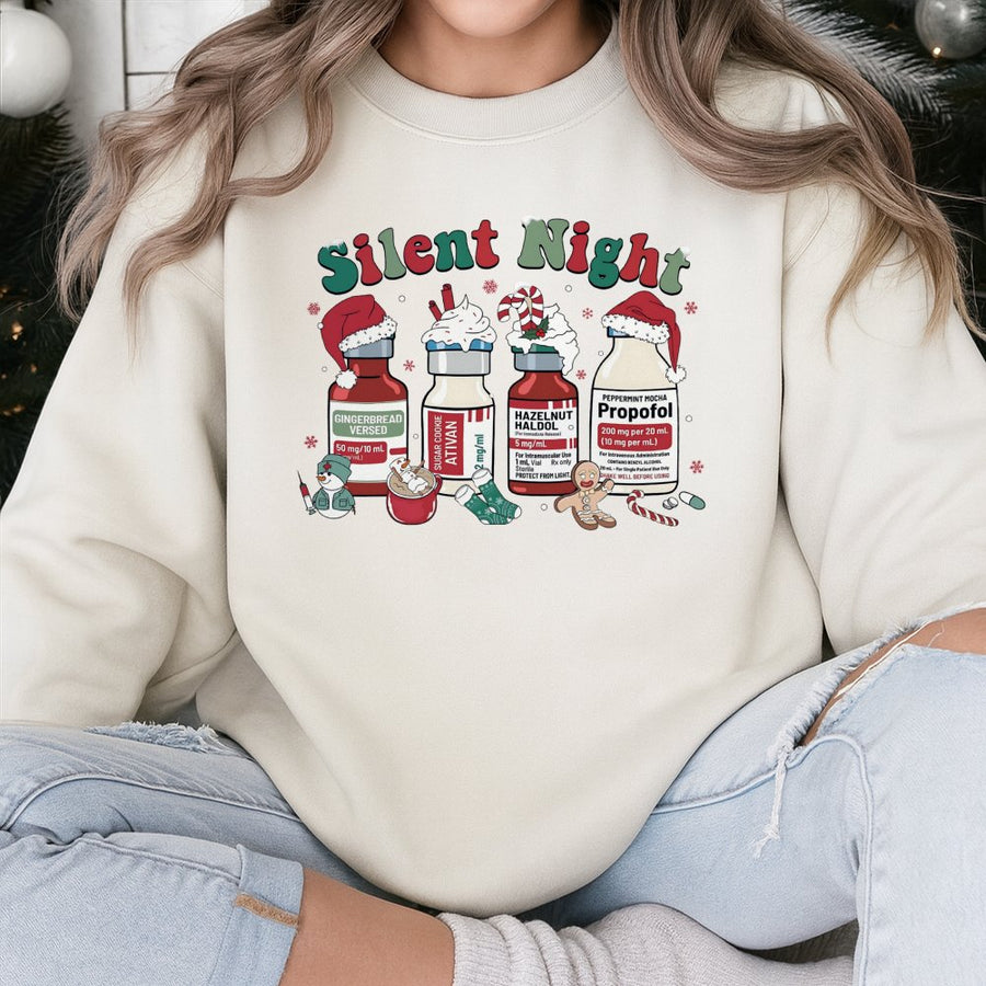 Silent Night Christmas Sweatshirt | Funny Nurse ICU Medical Holiday Design | Soft Cotton-Blend Crewneck | Perfect Nurse Appreciation Gift