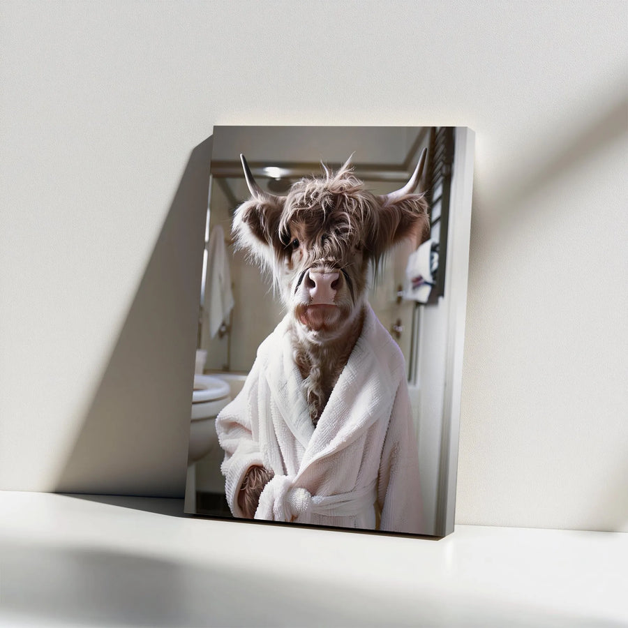 Funny Highland Cow Canvas Wall Art | Cow in Bathrobe Portrait, Quirky Bathroom Decor | Premium Gallery Wrapped Canvas | Housewarming Gift for Animal Lovers