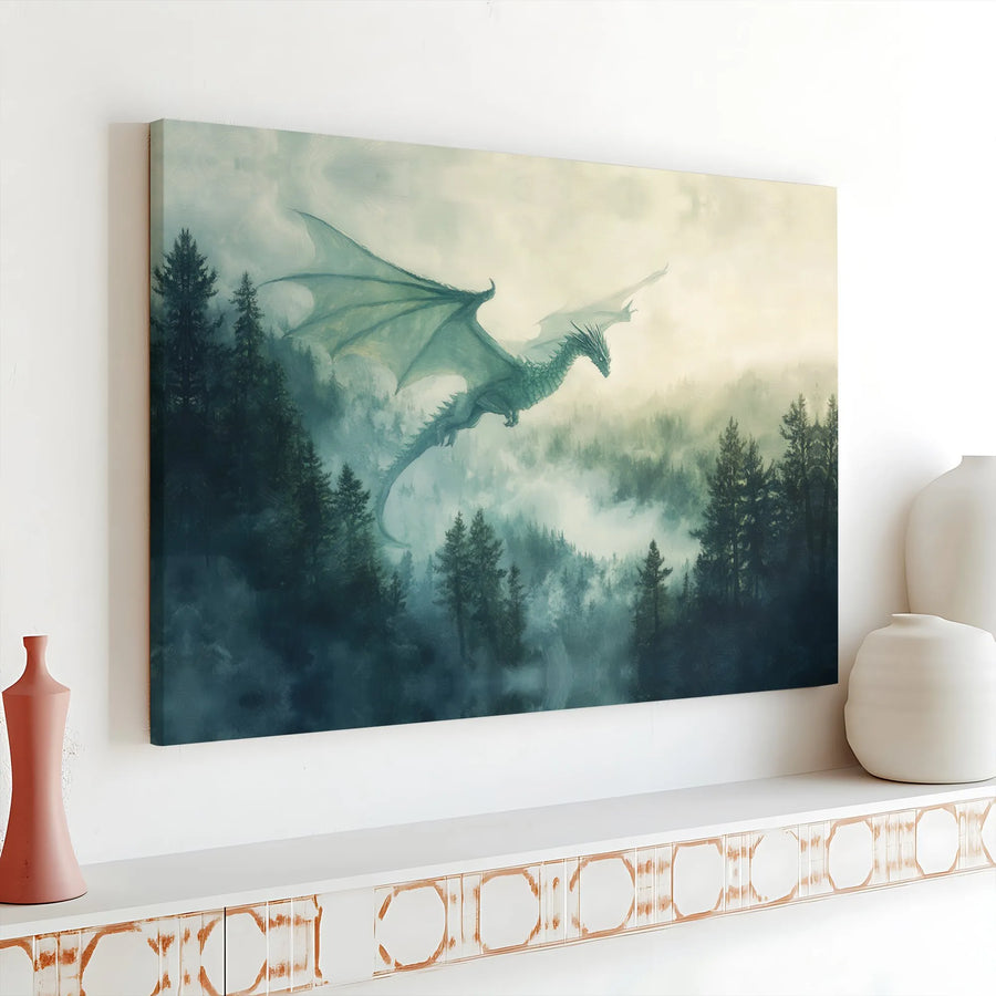 Mythical Dragon Canvas Wall Art | Flying Over Misty Forest Landscape | Premium Canvas Print | Collector's Gift for Fantasy Fans