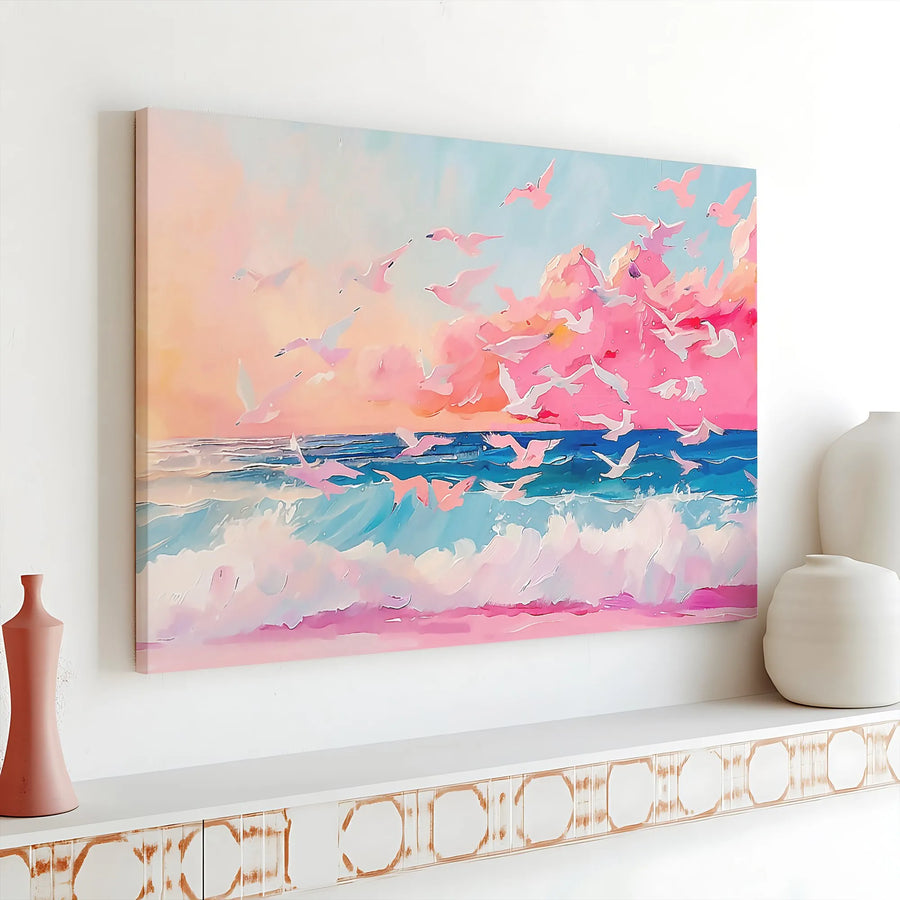 Abstract Ocean Canvas Print | Pastel Sunset Coastal Art with Birds | Premium Gallery Wrap Canvas | Modern Beach House Decor Gift