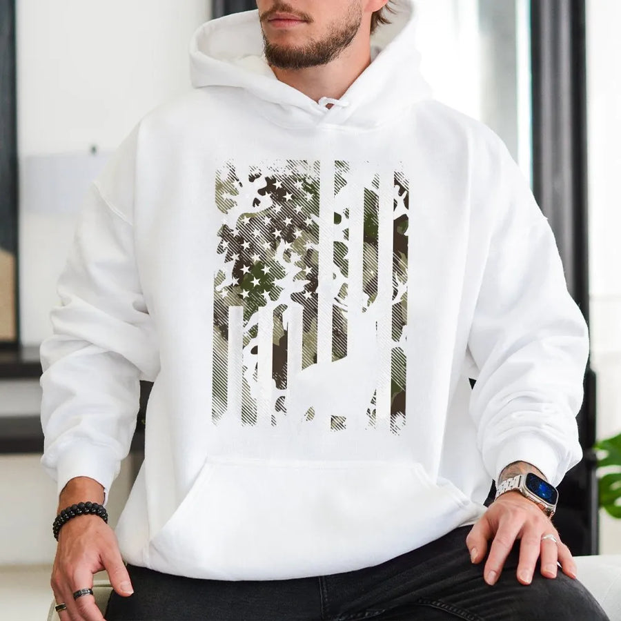 Camo US Flag Deer Hoodie | Distressed Buck Hunting Graphic | Premium Cotton Blend | Gift for Hunter and Outdoorsman
