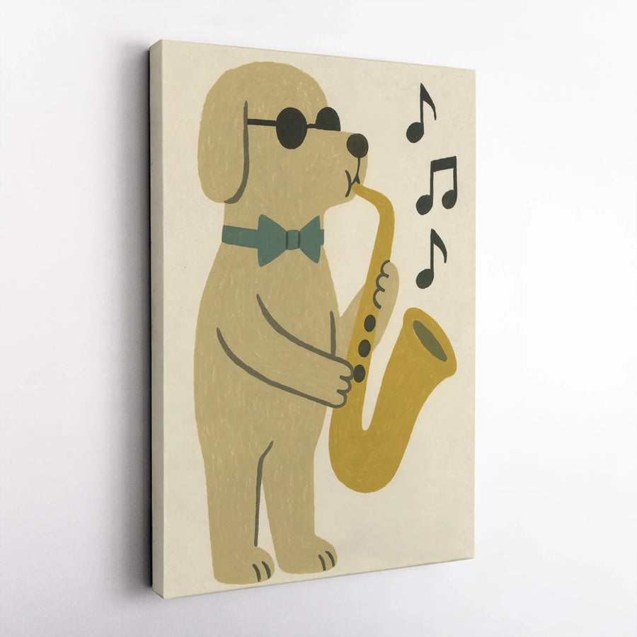 Dog Playing Saxophone Canvas Art | Jazz Musician Puppy Wall Decor | Premium Gallery Wrap Print | Whimsical Music Lover Gift
